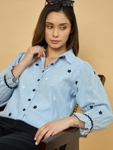 Azira Striped Print Shirt with Floral Embroidery | Shirt Collar | Casual Wear for Women