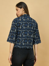 Azira Women Blue Printed Front Open Bell Sleeve Short Indo-Western Shrug & Jacket For Women