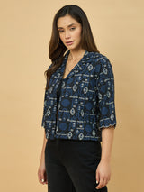Azira Women Blue Printed Front Open Bell Sleeve Short Indo-Western Shrug & Jacket For Women