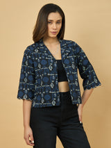 Azira Women Blue Printed Front Open Bell Sleeve Short Indo-Western Shrug & Jacket For Women