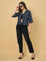 Azira Women Blue Printed Front Open Bell Sleeve Short Indo-Western Shrug & Jacket For Women