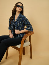 Azira Women Blue Printed Front Open Bell Sleeve Short Indo-Western Shrug & Jacket For Women