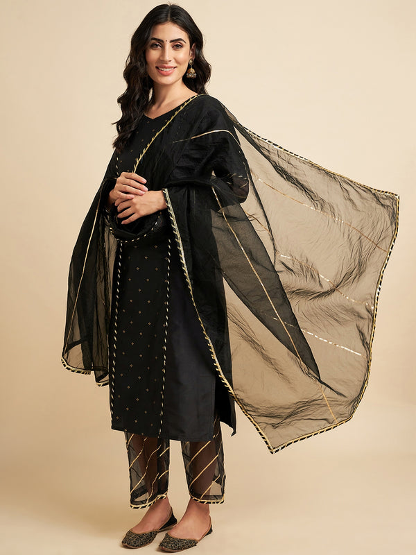 Black Raw Silk Straight Calf Length Kurta With Palazzo Dupatta Set