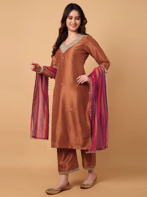 V Neck Embroidered Kurta Palazzo With Dupatta Set