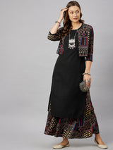 Printed Black Kurta With Palazzo & Jacket Set