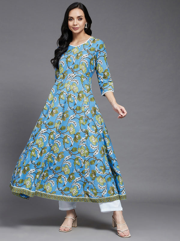 Blue and Green Floral Printed Anarkali Kurta