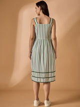 Green Square Neck Striped Dress