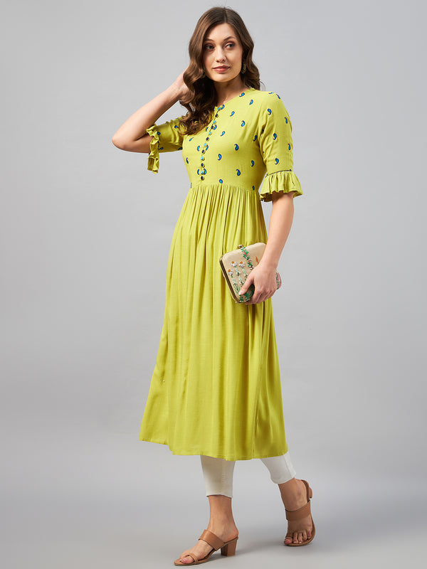 A-Line Lime Green Paisely Embroidered Rayon Kurta