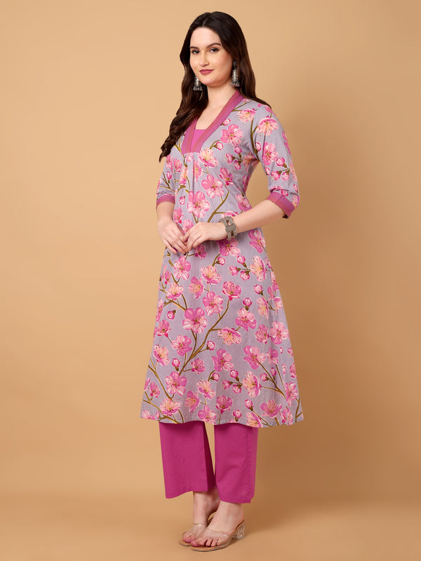V-Neck Floral Printed  Kurta With Palazzo Set