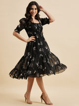 Black Printed Smocking Dress