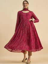 Pink Bandhani Printed Kurta With Dupatta