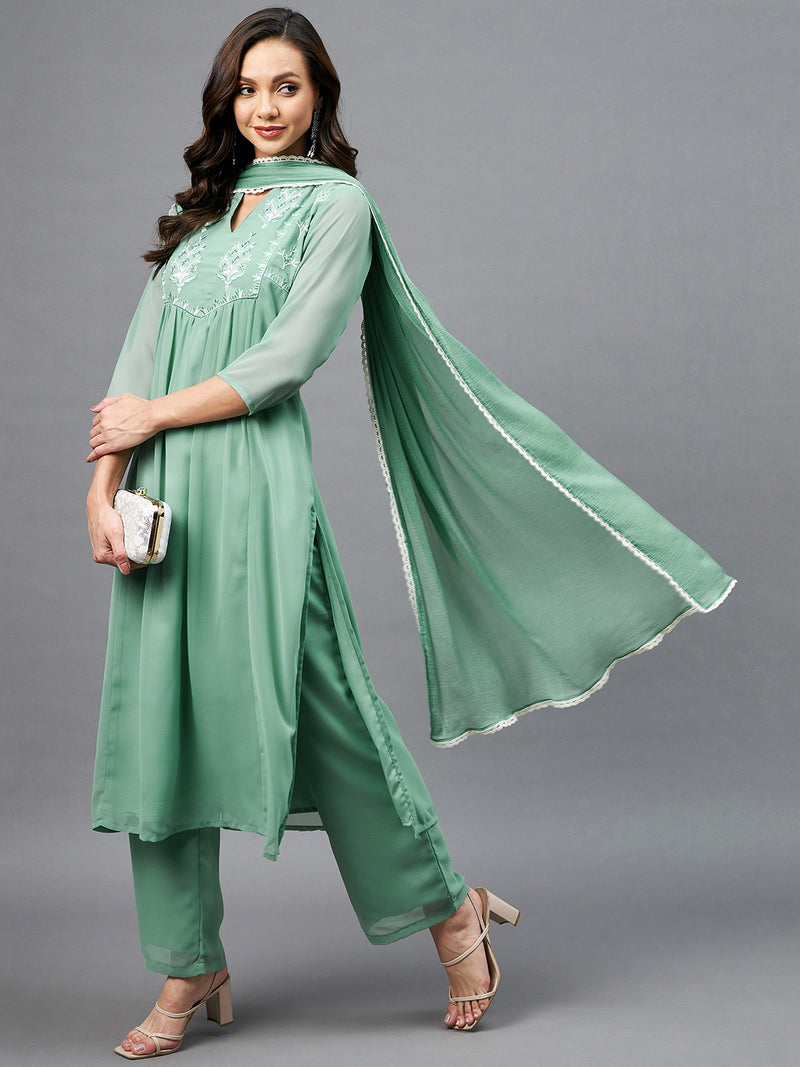 Green Embroidered Kurta With Palazzo & Dupatta