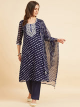 Blue Georgette Leheriya Kurta With Palazzo & Dupatta Set