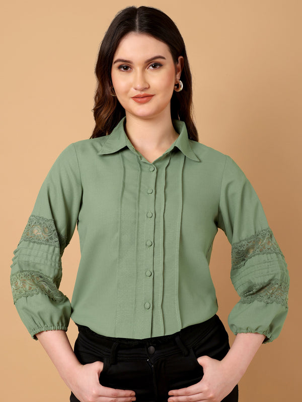 Solid Shirt Collar Pintucks Shirt
