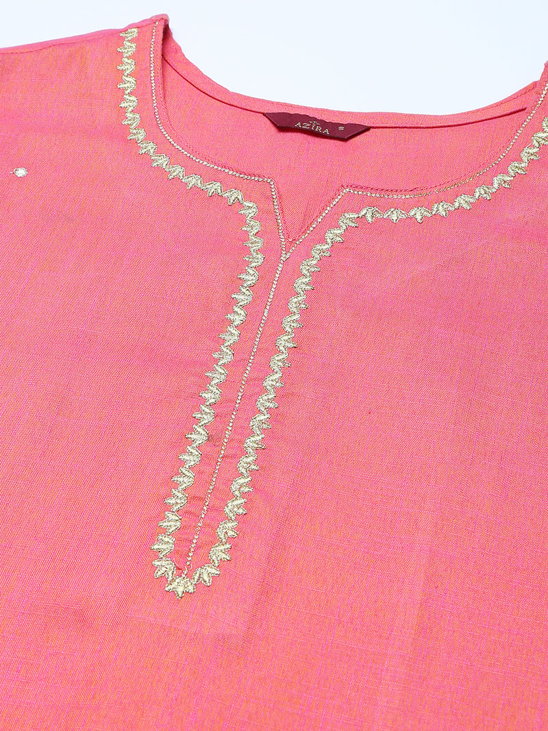 Solid Pink Embroidered Side Slit Straight Kurta