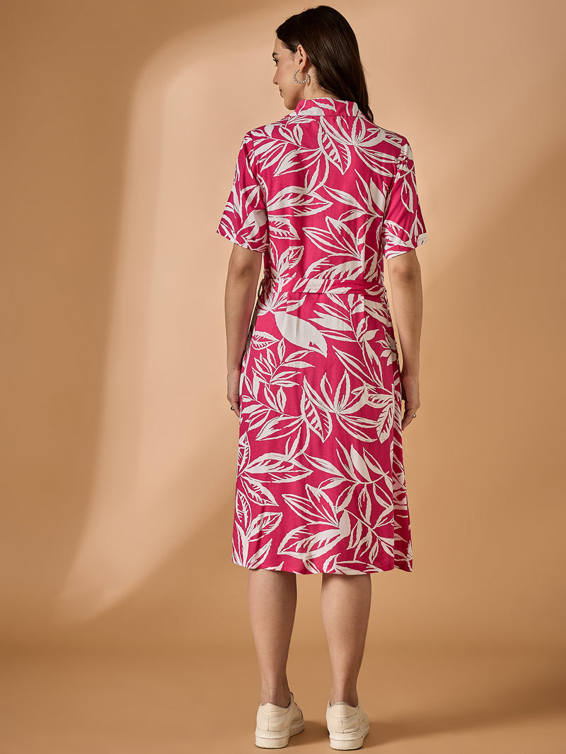 Pink Shirt Collard Printed Dress