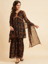 Black Chiffon Flared Kurta With Palazzo & Dupatta Set