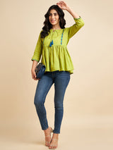 Lime Green Embroidered Peplum Cotton Top