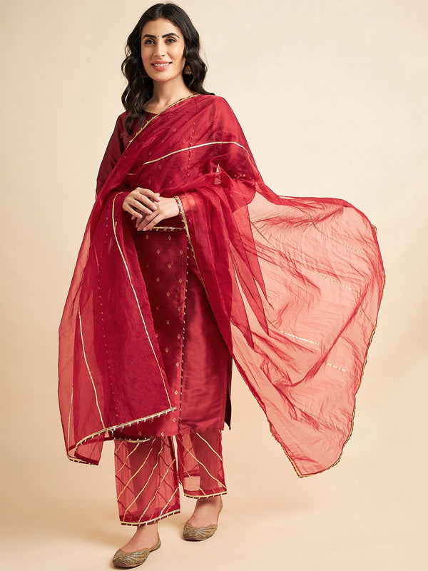 Maroon Raw Silk Straight Calf Length Kurta With Palazzo Dupatta Set