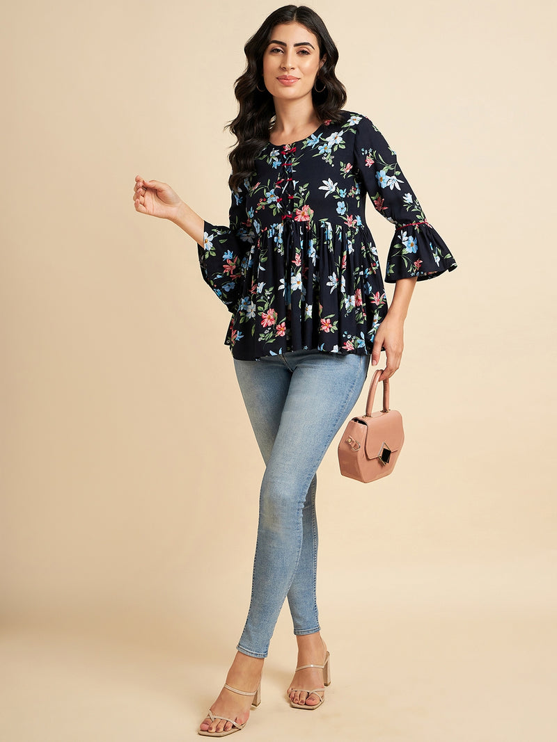 Floral Printed Navy Blue Rayon Top