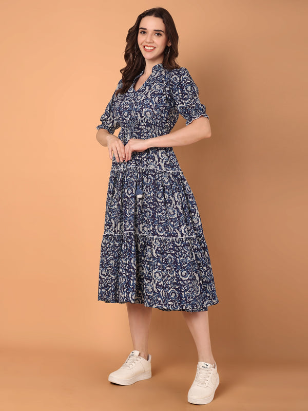 Printed Mandarin Collared Midi Dress