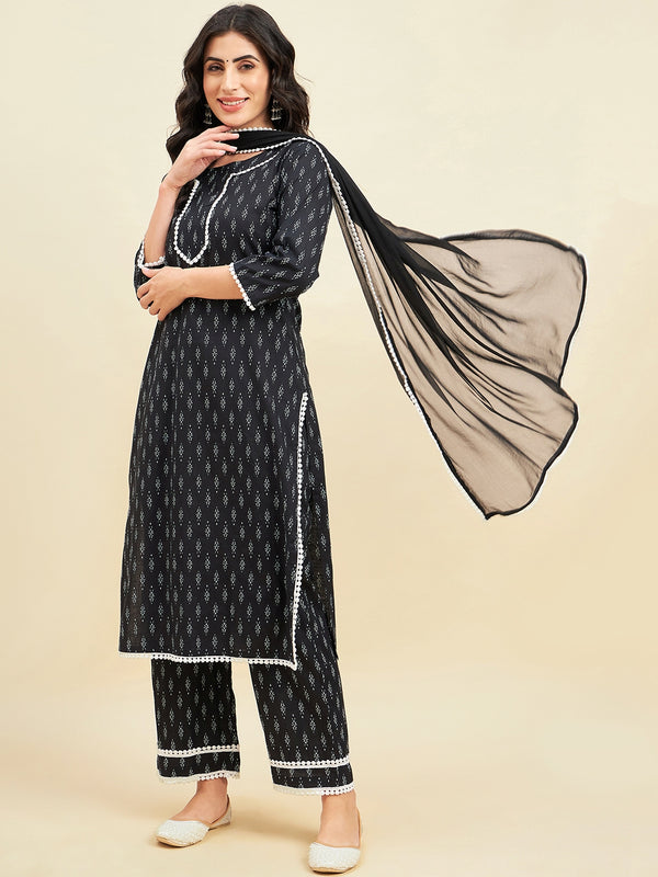 Black Cotton Straight Calf Length Kurta With Palazzo Dupatta Set