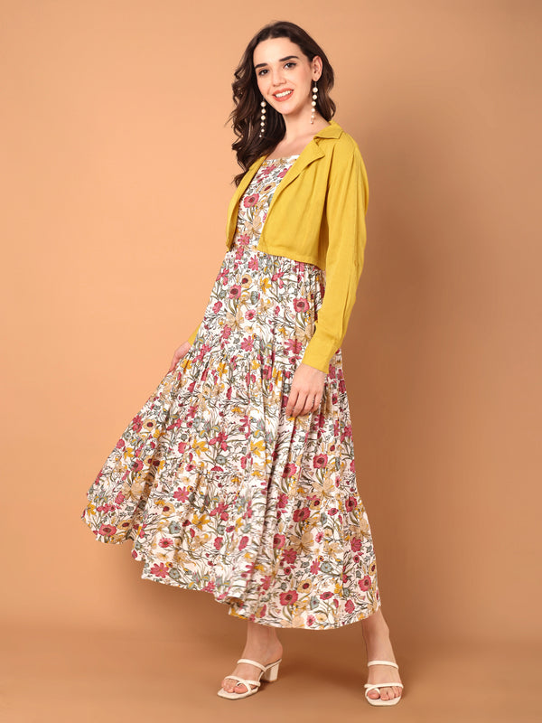 Floral Printed Flared Dress With Solid Jacket