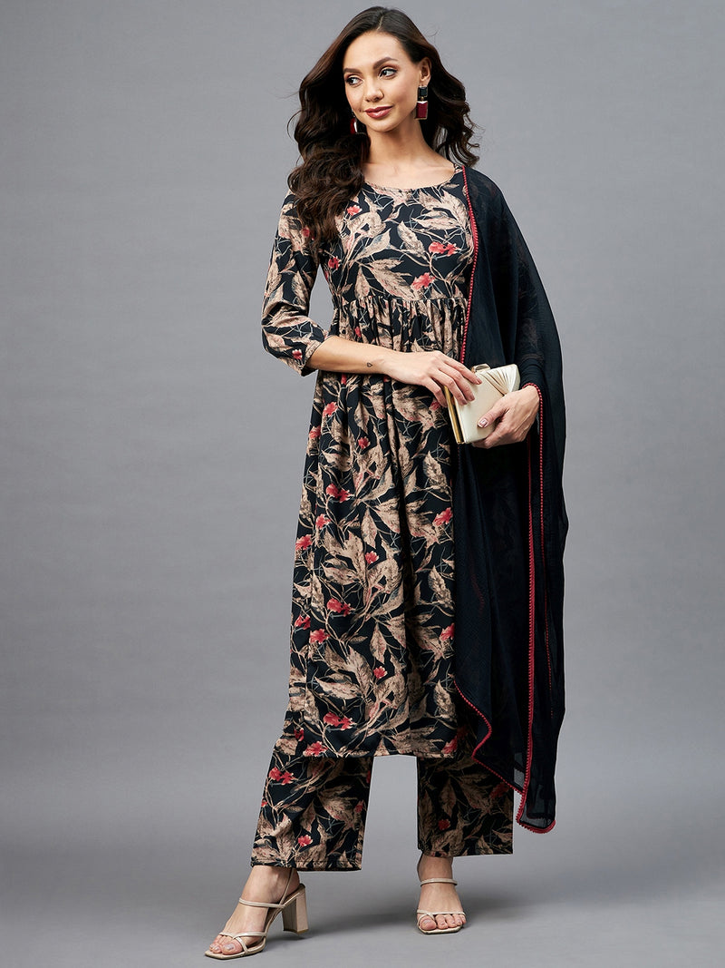 Floral Printed Kurta Set with Palazzo & Dupatta