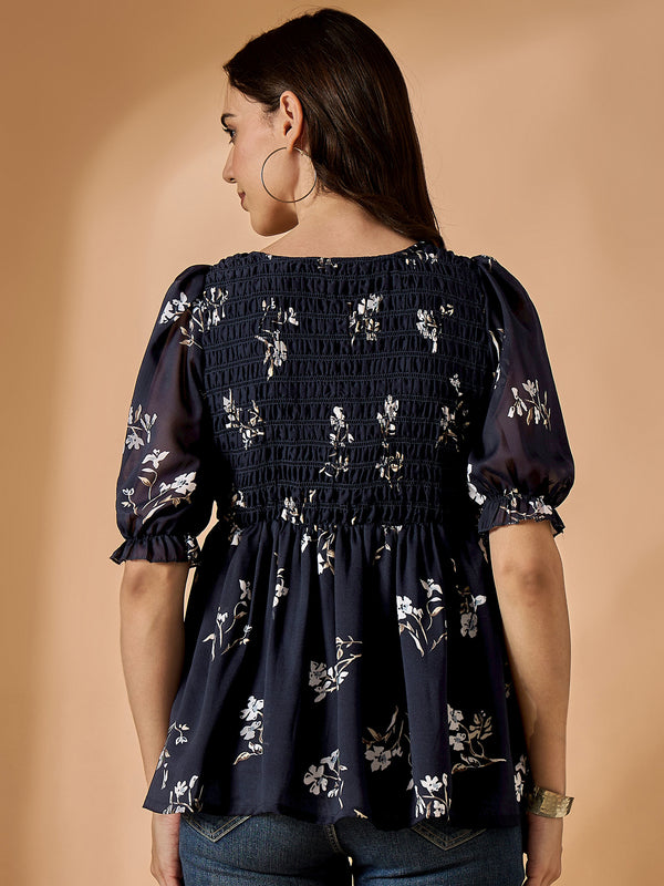 Blue Floral Printed Empire Top