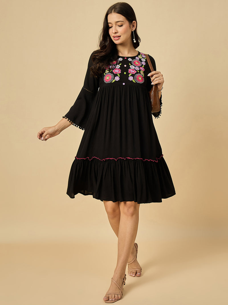 Embroidered Black Solid Dress