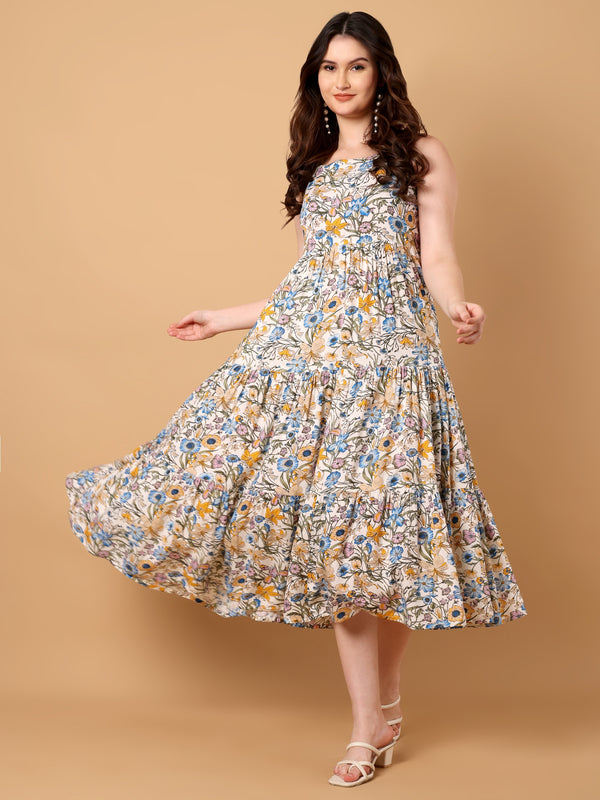 Floral Printed Gathered Dress with jacket