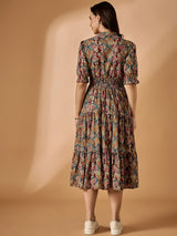 Brown Floral Printed Fit & Flared Dress