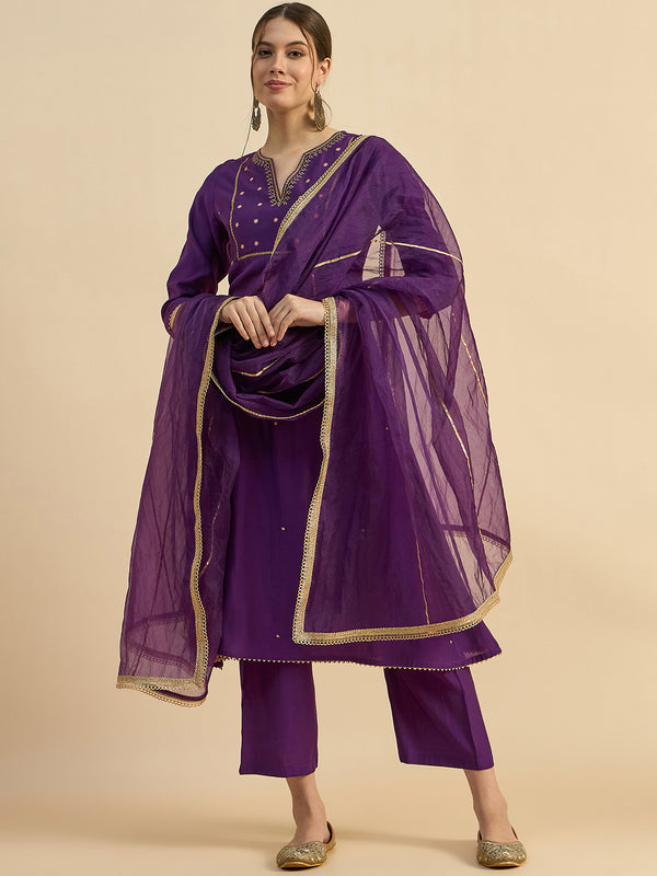 Embroidered Flared Kurta With Palazzo & Dupatta Set