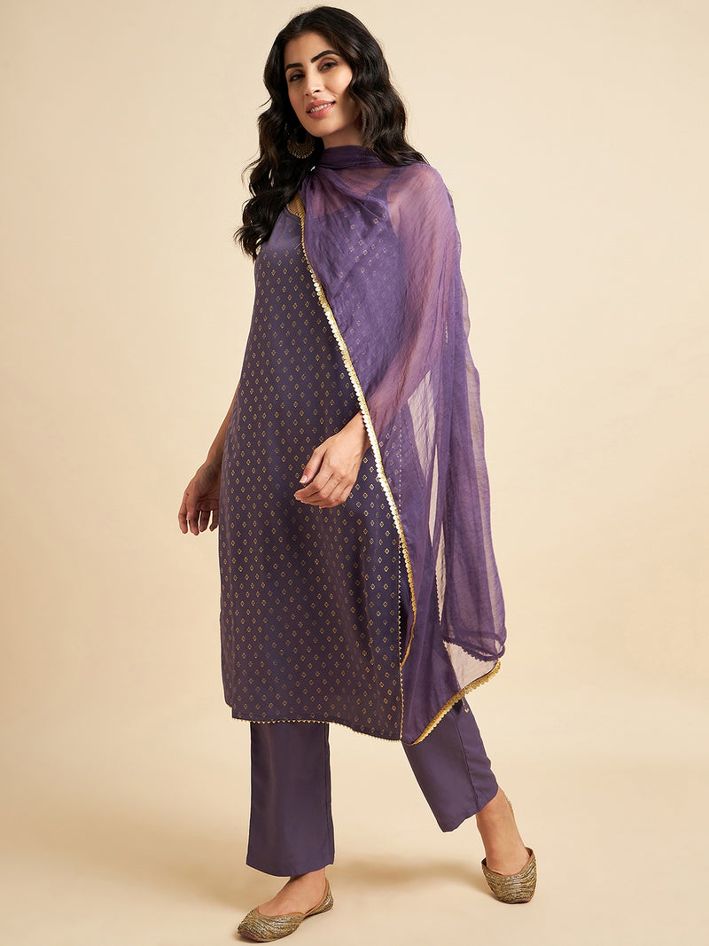 Purple Gold Cut Sleeve Straight Kurta Set With Dupatta