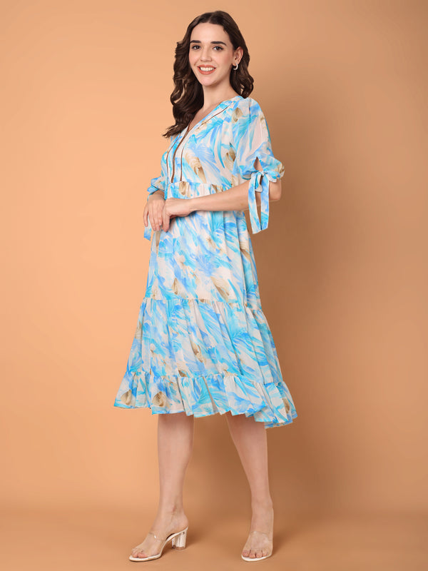 Tiered Midi Dress with Tropical Print