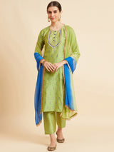 Green Tafeta Straight Calf Length Kurta With Palazzo & Dupatta Set