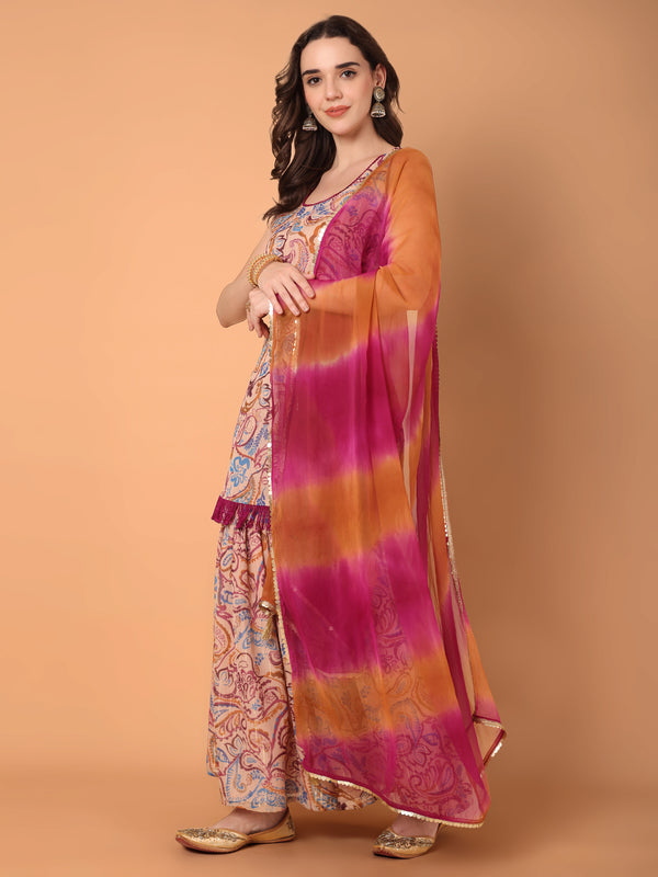 Round Neck Paisley Printed Kurta With Sahara & Dupatta Set