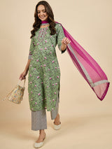 Floral Printed Kurta With Palazzo & Dupatta Set