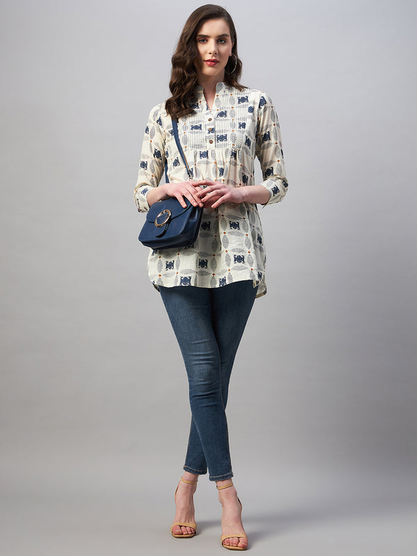 Printed Yoke Mandarian Tunic