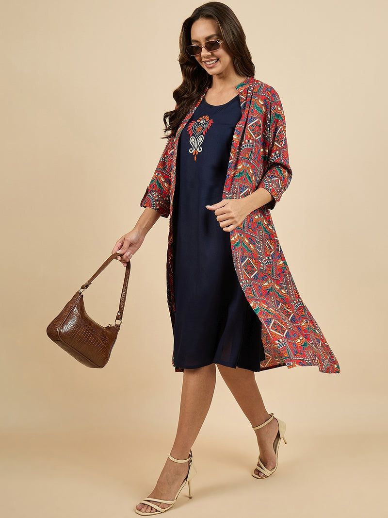 Solid A line Dress With Printed Shrug