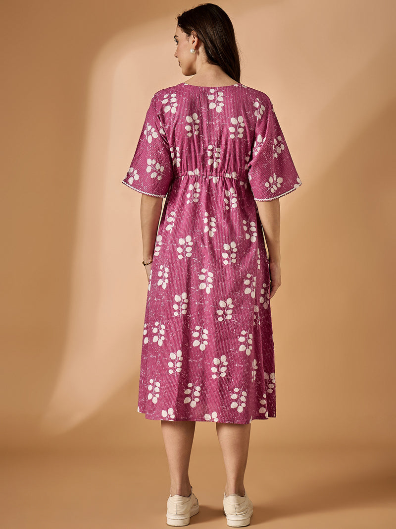 Pink V neck Fit & Flared Dress