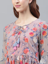 Grey and Peach Floral Gatherd Top Having Pom-Pom on Sleeves and Hemline