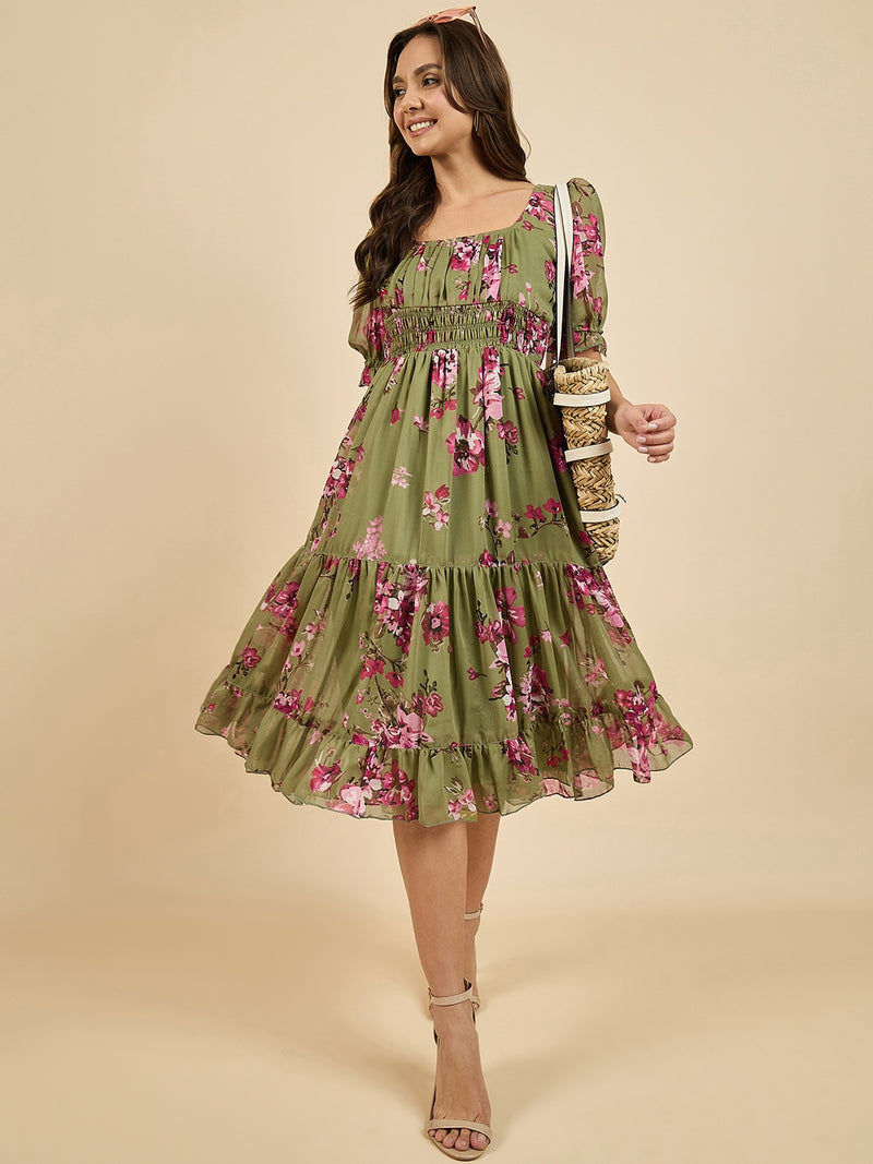 Floral Printed Three Tiered Dress