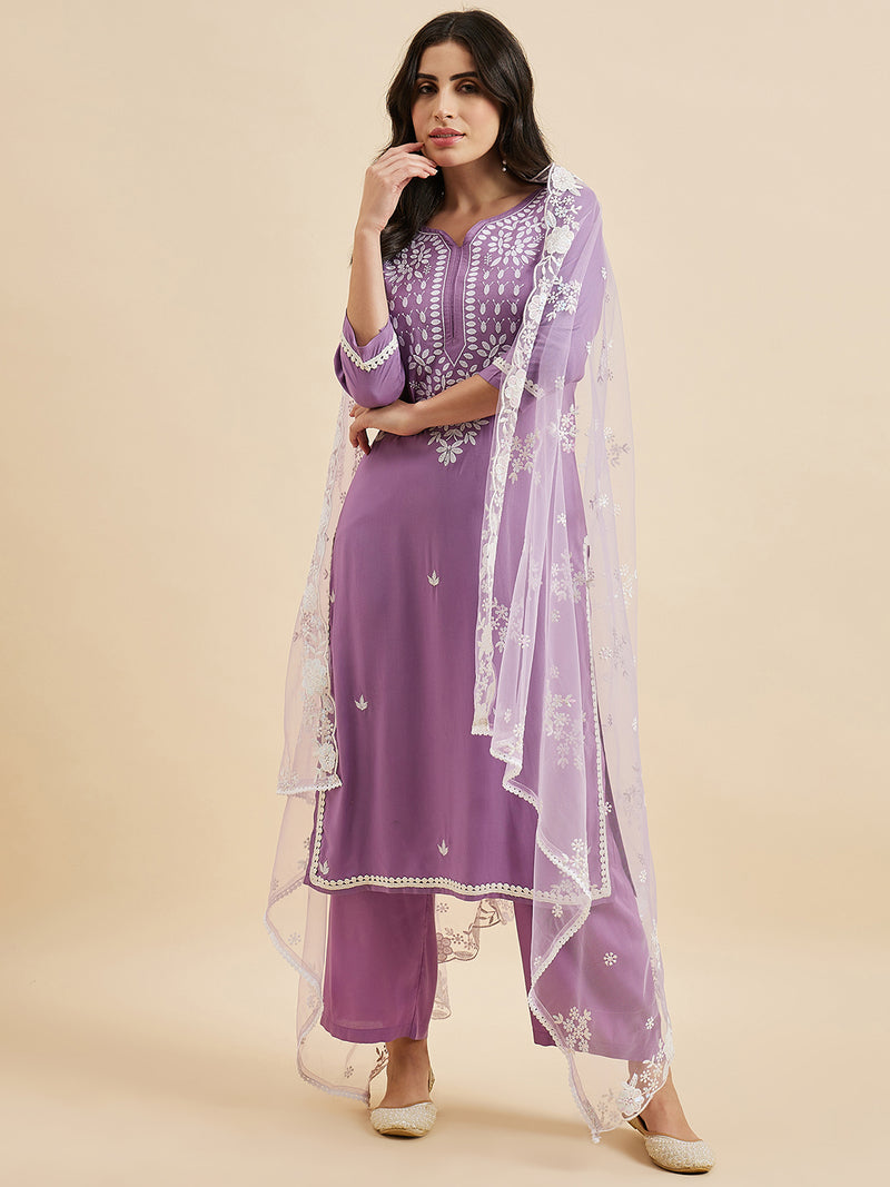 Embroidered Kurta With Palazzo & Dupatta