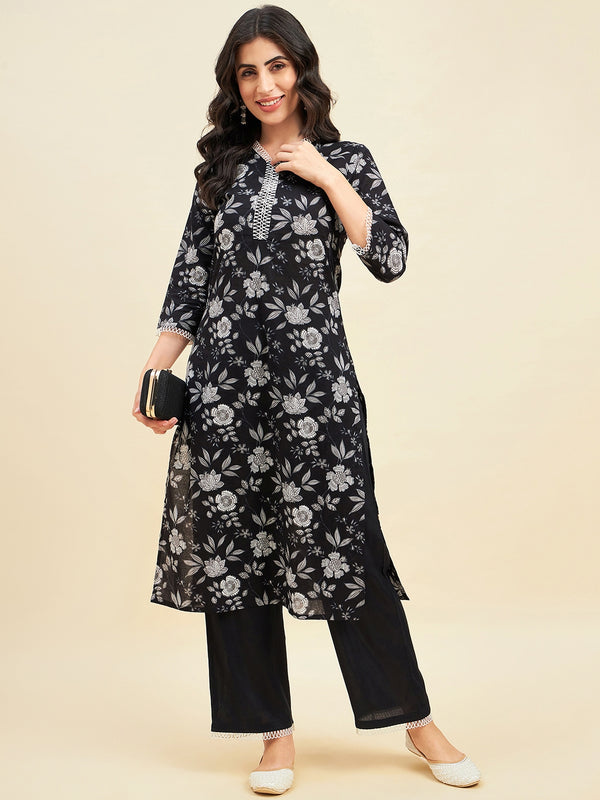 Black Cotton Straight Calf Length Kurta With Palazzo Set