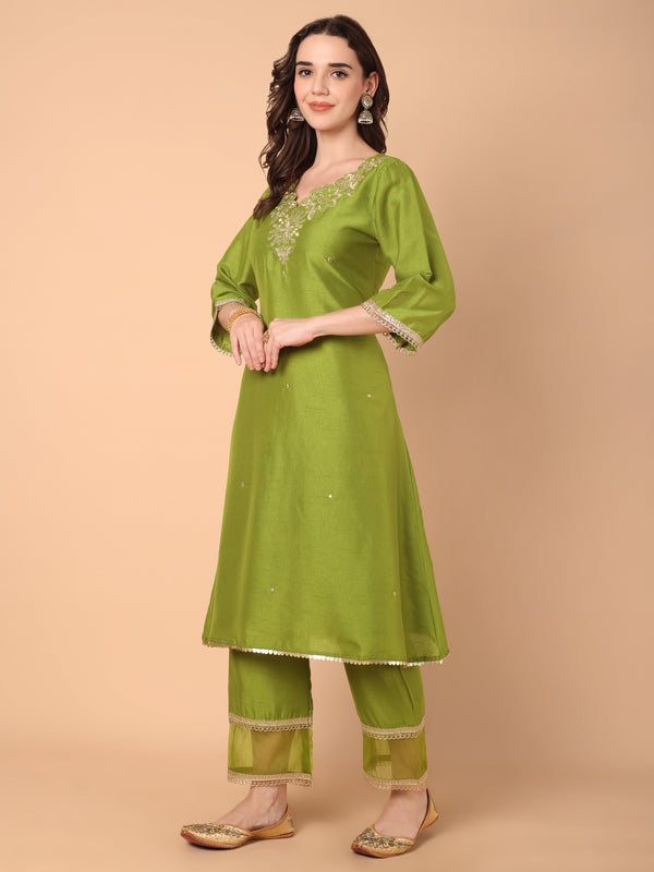 Embroidered Kurta With Palazzo & Dupatta Set