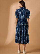 Blue Embroidered Fit & Flared Dress