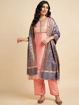 Peach Raw Silk Straight Calf Length Kurta With Palazzo Dupatta Set