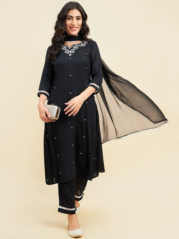 Black Rayon Straight Calf Length Kurta With Palazzo Dupatta Set