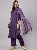 Solid Purple Rayon Kurta With Palazzo & Dupatta